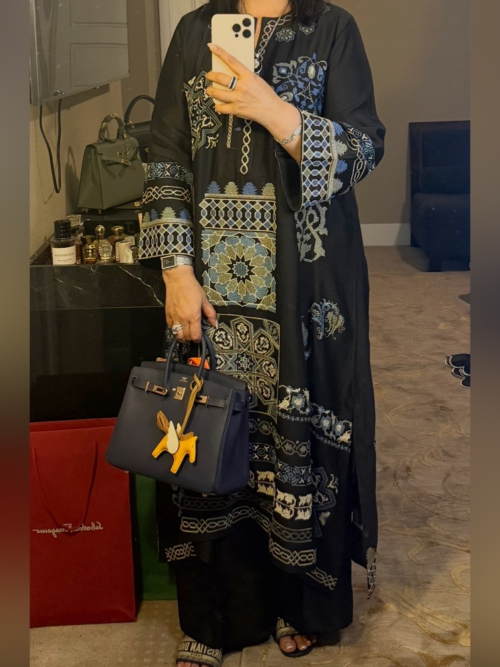 Black Long-Sleeve Embroidered Maxi Dress with Blue Accents